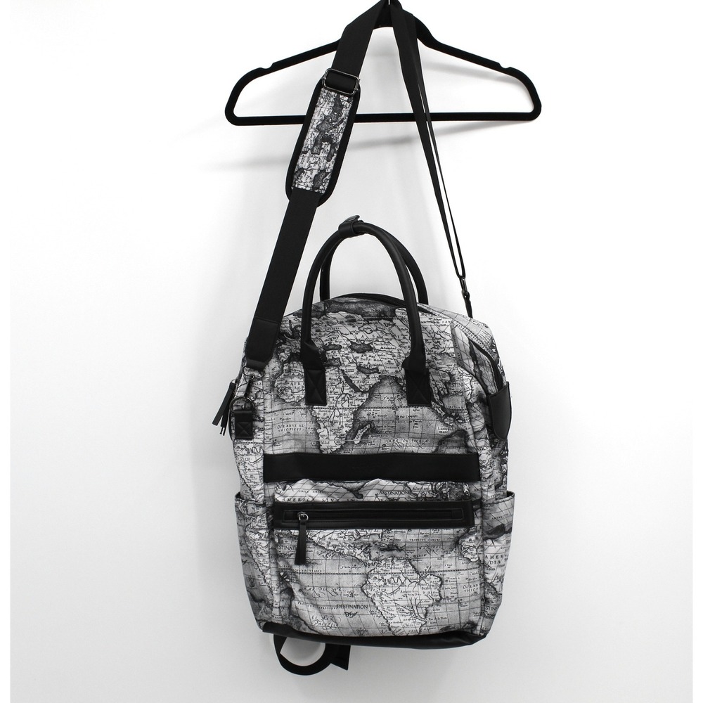 World Map Print Backpack Travel Messenger Bag Black White Cartography Chic Sleek